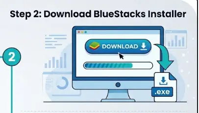 Visual guide to download and setup BlueStacks emulator on Windows PC.