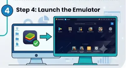 Visual guide to download and setup BlueStacks emulator on Windows PC.