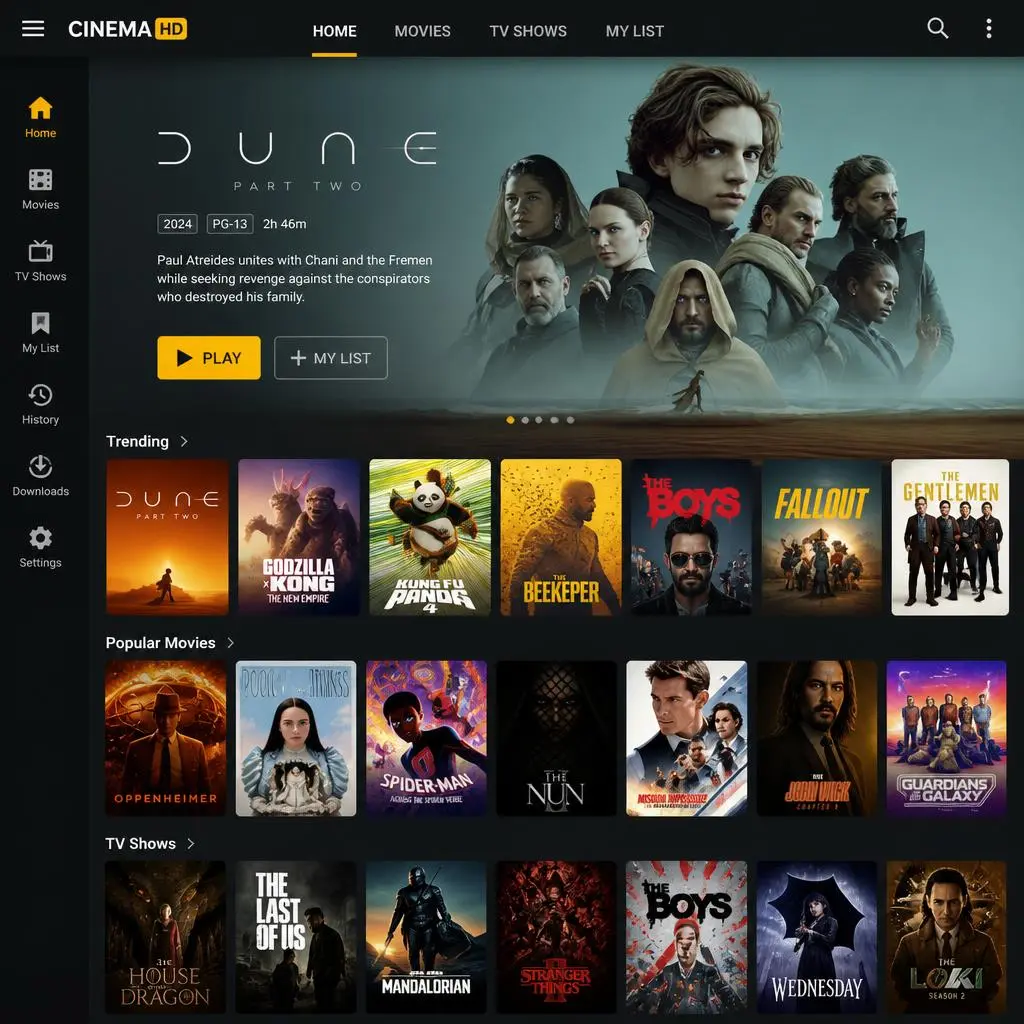 Cinema HD APK main dashboard and movie homescreen screenshot